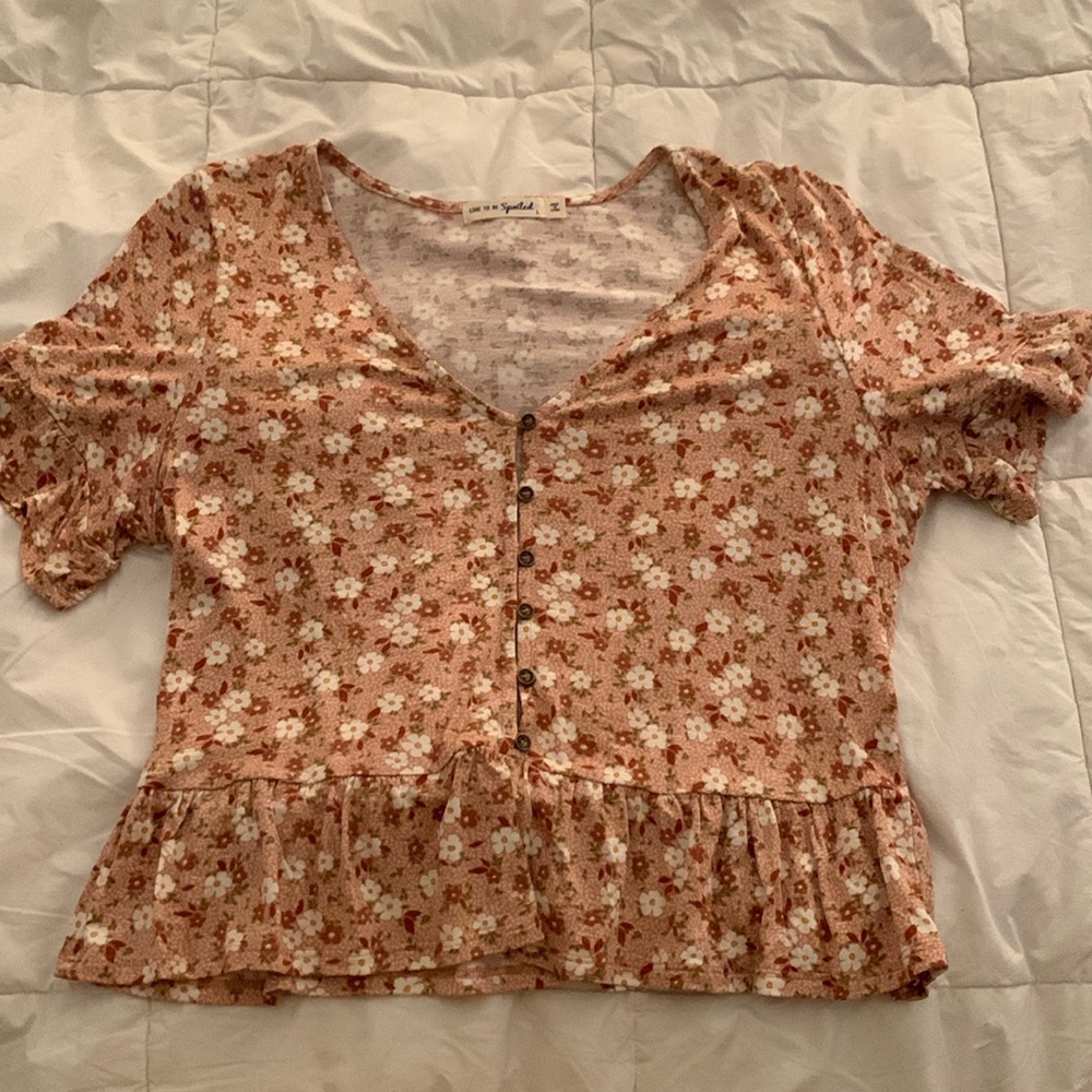 Floral short sleeve button front top